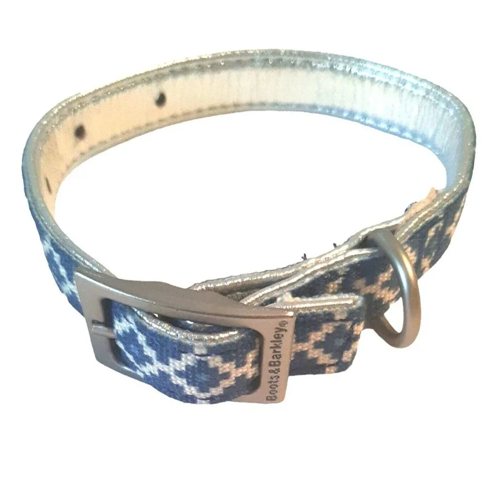 Small Boots and Barkley Dog Collar Blue Silver Geometric Design